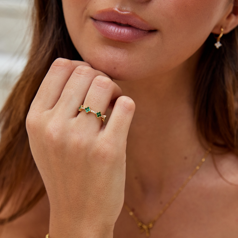 Four Leaf Clover Crystal Adjustable Ring