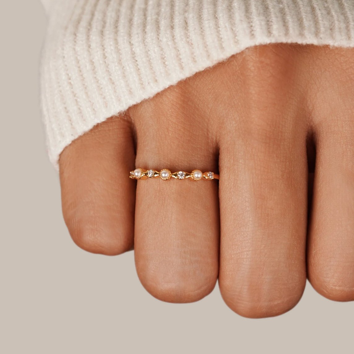 Pearl and Crystal Gold Ring