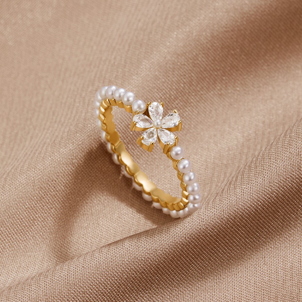 Crystal and Pearl Flower Ring