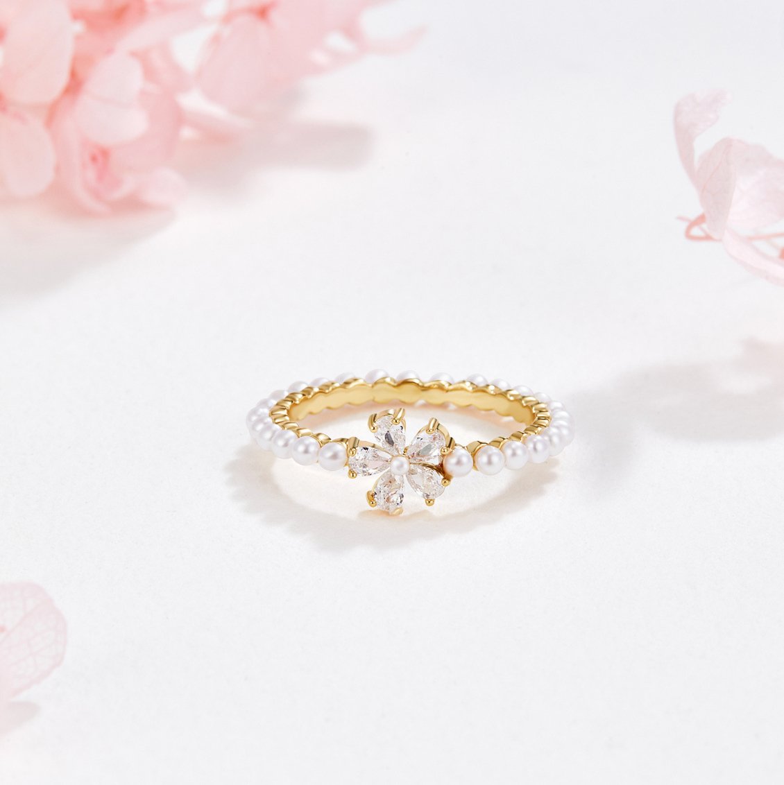 Crystal and Pearl Flower Ring